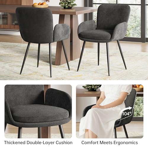 VKNOW Modern Upholstered Dining Chairs Set of 6 with Armrest, Dark Grey | Armed Dining Room Chairs with Metal Legs, Kitchen Chairs for Restaurant Kitchen Living Room - color: Dark Grey, size: Set of 6