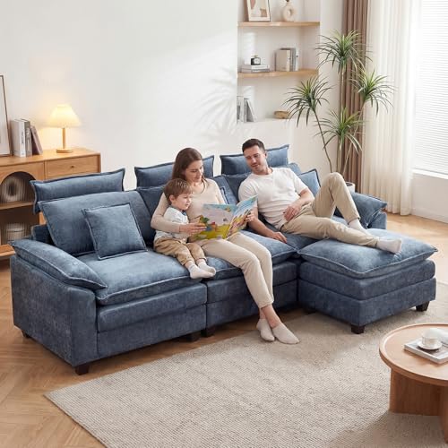 103'' Modular L Shaped Sofa, Cloud Deep Seat Sofa Couch with Ottoman, Detachable Headrest, 3 Seater Sectional Sofas for Living Room, Apartment, Studio, Blue - color: Blue, size: L Shaped Couch