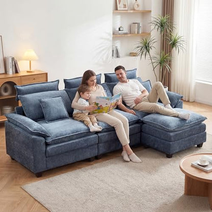 103'' Modular L Shaped Sofa, Cloud Deep Seat Sofa Couch with Ottoman, Detachable Headrest, 3 Seater Sectional Sofas for Living Room, Apartment, Studio, Blue - color: Blue, size: L Shaped Couch