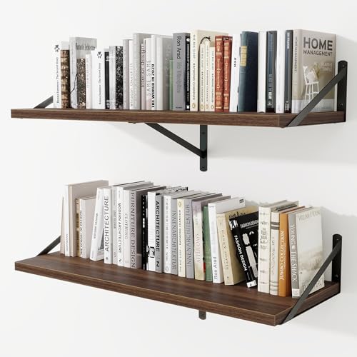 Deep Wall Shelves 36"W x 12"D Engineered Wood Floating Shelves for Wall, Sturdy Metal Bracket Bookshelves Home Decor Storage for Living Room Bedroom Bathroom Kitchen, Set of 2, Walnut Finish - color: Walnut, size: 36"w x 12"d