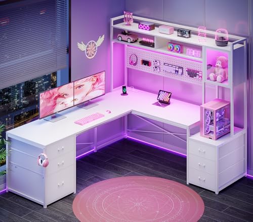 SEDETA Reversible L Shaped Gaming Desk with 6 Drawers, Hutch, Led Lights | Computer Corner Desk with File Drawer, Storage Shelves for Home Office, Gaming Two Person Desk with Power Outlet, White - color: White