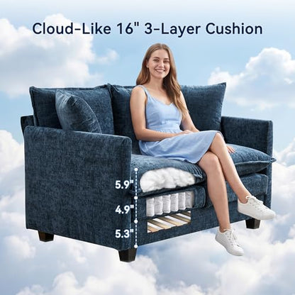 Loveseat Sofa Couch 2 Piece Set, Small Compact 50" Love Seat 27" Deep Cloud Sofa Set Washable Chenille Pillow Living Room Set for Apartment Office 50-Blue-2+2 - color: Blue, size: 50"+50"