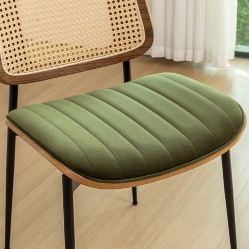 Rattan Dining Room Chairs Set of 2, Mid Century Modern Kitchen Chairs,Green Velvet Walnut Wood Finish Side Chair, Metal Legs Chair with Rattan Backrest,Green Fabric - color: Green 2, size: Set of 2