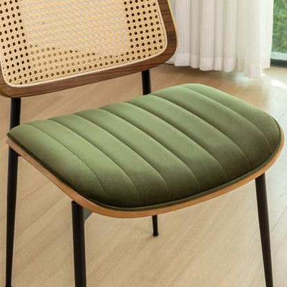 Rattan Dining Room Chairs Set of 2, Mid Century Modern Kitchen Chairs,Green Velvet Walnut Wood Finish Side Chair, Metal Legs Chair with Rattan Backrest,Green Fabric - color: Green 2, size: Set of 2