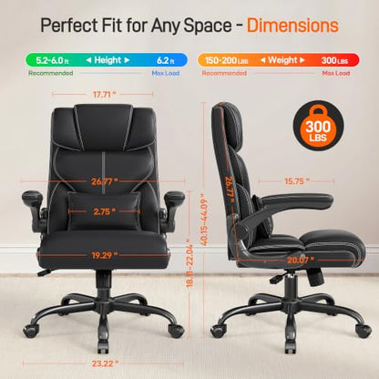 Office Chair, Executive Mid-Back Computer Desk Chair with Flip-up Armrests | 300 Lbs Ergonomic Leather Swivel PC Chair with Rock Function for Working Studying (Black) - color: Black