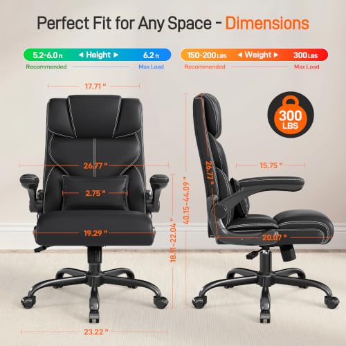 Office Chair, Executive Mid-Back Computer Desk Chair with Flip-up Armrests | 300 Lbs Ergonomic Leather Swivel PC Chair with Rock Function for Working Studying (Black) - color: Black