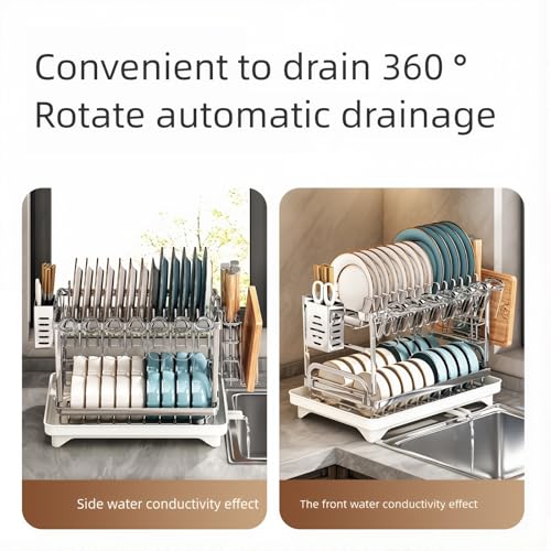 TarnorLe Double Layer Dish Drying Rack, Storage Super Large Bowl Dish Rack, Multifunctional Kitchen Countertop with Drain Pan, 304 Stainless Steel Kitchen Drying Rack, Tableware, Glass Drying Rack