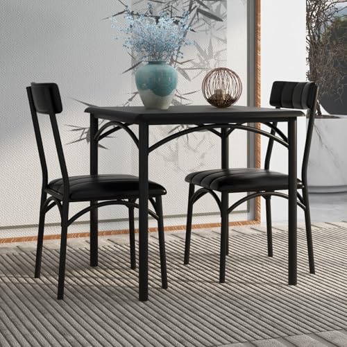 GarveeLife 3-Piece Dining Table Set for 2, Square Kitchen Table & Chairs | Upholstered, Space-Saving Square Kitchen Table Set, Compact Dining Room Furniture for Apartment, Studio - color: Black
