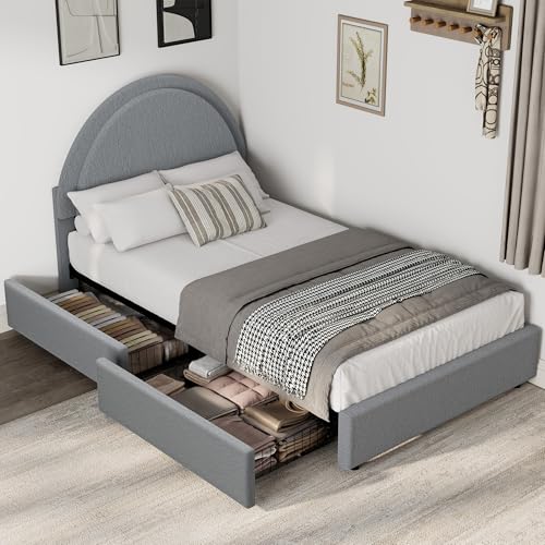 Garvee Twin Size Bed Frame with Storage Drawers, Upholstered Boucle Platform Bed with Round Headboard, Heavy Duty & Noise Free, No Box Spring Needed, Grey | Round Headboard, Heavy Duty & Noise Free, No Box Spring Needed - color: Grey, size: Twin