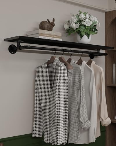 Black Clothes Rack 48in, Wall Mounted Garment Rack with Real Wood Shelf, Heavy Duty Hanging Clothes Rack, Multi-Purpose Hanging Rod, Space-Saving Closet Storage - color: Black, size: 1T48IN