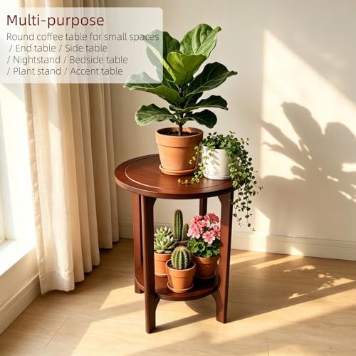 Solid Wood Round Side Table for Living Room, Bedroom | 2-Tier Wooden End Tables, Mid Century Modern Circular Nightstand Bedside Table, Easy Assembly (Walnut) - color: Walnut