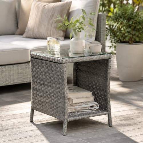 IRONORA Outdoor Wicker Side Table Patio Side Tables for Outside, Tempered Glass Top Wicker Table with Storage End Table for Balcony Porch Deck - color: Grey