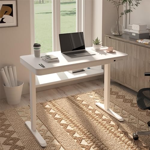 FLEXISPOT Comhar 48" Electric Standing Desk with Drawers, USB Charging Ports, Quick Assembly, Height Adjustable Sit Stand Computer Desk with Child Lock for Modern Minimalist Home Office, White - size: 48"White