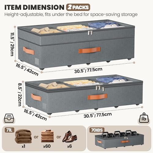 Under Bed Storage with Wheels, 2Pack 71L Under the Bed Storage Containers | Adjustable Underbed Drawer with Lids, Underbed storage Rolling Bin for Shoes, Clothes, Blankets, Grey - size: 8.5-11.5 inch height-grey