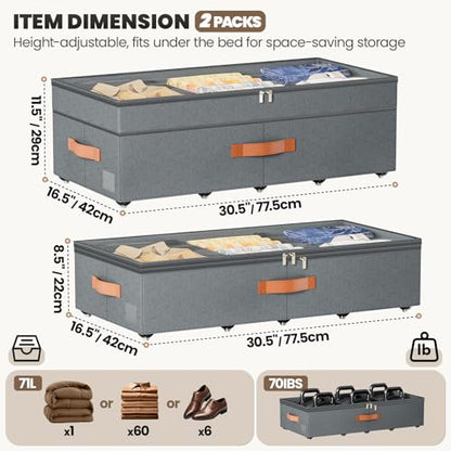 Under Bed Storage with Wheels, 2Pack 71L Under the Bed Storage Containers | Adjustable Underbed Drawer with Lids, Underbed storage Rolling Bin for Shoes, Clothes, Blankets, Grey - size: 8.5-11.5 inch height-grey