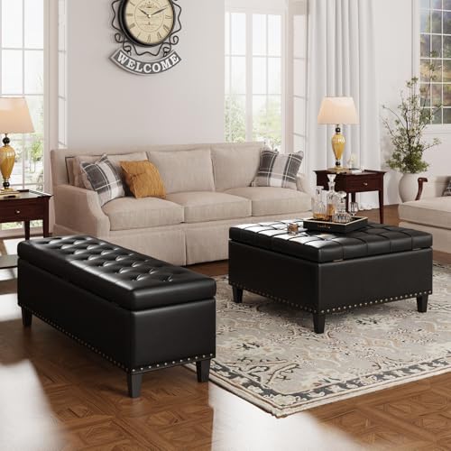 FiveWillowise 31.5 Inch Large Square Ottoman with Storage,Faux Leather | Coffee Table Storage Ottoman Bench with Lift Top Upholstered Footrest Stool Toy Box for Bedroom Living Room,Black - color: Black