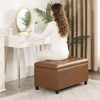 Storage Ottoman Bench, 32 Inches Faux Leather Rectangle Tufted Foot Stool for End Foot of Bed, Bedroom, Living Room,Warm Golden Brown - color: Warm Golden Brown