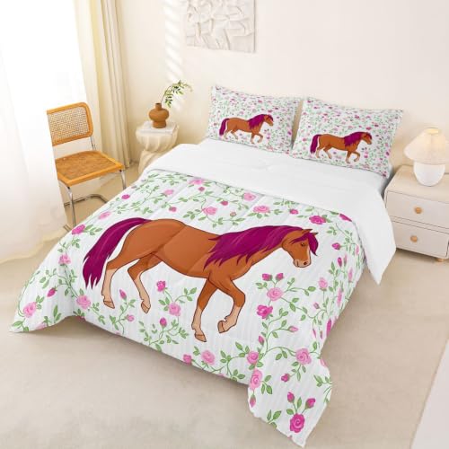 Feelyou Girls Horse Comforter Kids Cartoon Farmhorse Floral Comforter Set for Toddler Baby Girl Pink Blue Stripe Bedding Set Breathable Spirit Horse Animal Duvet Set Room Decor Quilt Set Queen Size - color: Multi 017, size: Queen