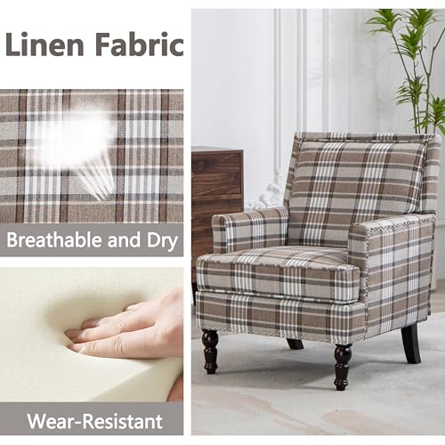 Accent Chair, Plaid Gingham Cozy Comfy Modern Accent Chairs | Mid-Century Upholstered Lounge Arm chair With Solid Wood Frame for Living Room/Bedroom-Brown plaid - color: Brown Plaid-sackcloth-s001