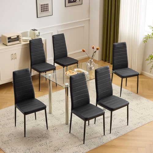 Karl home Dining Chairs Set of 6, PU Leather & High Back, Black | Black kitchen chairs with padded seats & foot cap protection for dining kitchen living room,300lbs capacity,space-saving - color: Black, size: Set of 6