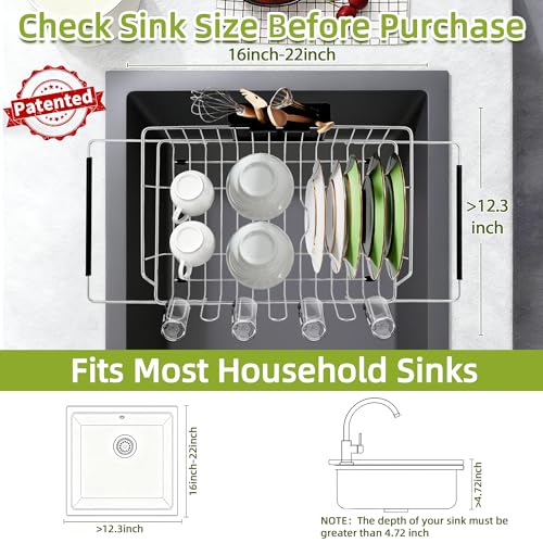 in Sink Expandable Dish Drying Rack with Silicone Mat-Extra Large Stainless Steel Dish Drainer Over The Sink with Utensil Holder, Applicable for Sink Width 16'-22' (Silver,23.2'*12.2') - color: Silver, size: In sink,Large