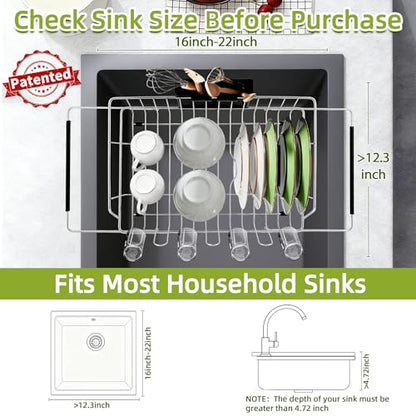 in Sink Expandable Dish Drying Rack with Silicone Mat-Extra Large Stainless Steel Dish Drainer Over The Sink with Utensil Holder, Applicable for Sink Width 16'-22' (Silver,23.2'*12.2') - color: Silver, size: In sink,Large