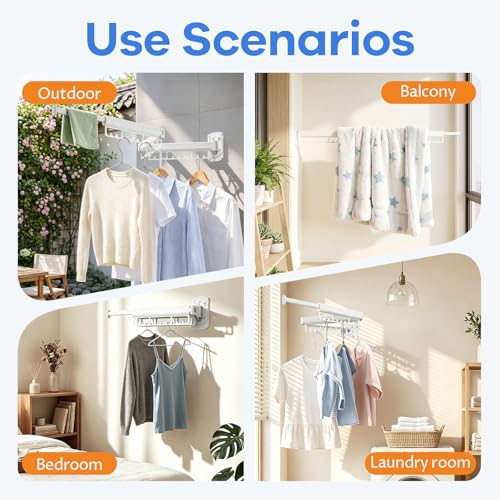 Foldable Wall Mounted Laundry Drying Rack, 3 Fold Retractable Clothes Drying Rack, Durable Clothing Hanger Rack for Laundry Room, Balcony, Bathroom (White) - color: White