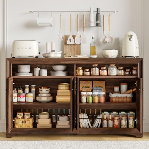 60 Inches Sideboard Buffet Cabinet with Storage and 4 Doors, Brown | Large Sideboard Kitchen Cabinet with Open Shelf & Adjustable Shelf, Kitchen Coffee Bar Console Table for Living Room, Hallway - color: Brown