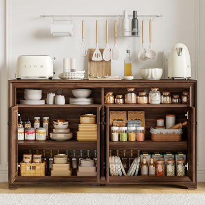 60 Inches Sideboard Buffet Cabinet with Storage and 4 Doors, Brown | Large Sideboard Kitchen Cabinet with Open Shelf & Adjustable Shelf, Kitchen Coffee Bar Console Table for Living Room, Hallway - color: Brown