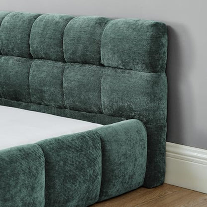 Chenille Fabric Upholstered Platform Bed Frame with Soft Headboard, Modern Low Profile Grounded Design, No Box Spring Needed, Sturdy MDF & Wood Frame, Neutral Style (Blue green, King (U.S. Standard)) - color: Blue Green, size: King (U.S. Standard)