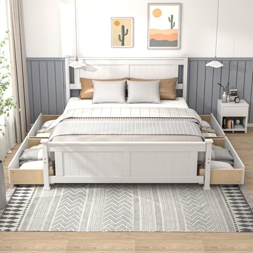 VINGLI Queen Size Solid Wood Bed with 4 Storage Drawers and Headboard,Modern Minimalist Panel Platform Bed for Kids,Adults & Guests,Sleigh Bed,Crisp White - size: Queen