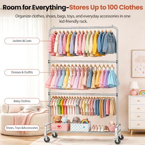 Heavy Duty Kids Clothing Rack Rolling Large Storage Capacity Dress Up Rack | with 2/3 Adjustable Rod & Bottom Shelf - Baby clothes rack baby Closet for Nursery Bedroom Organizer - color: Silver