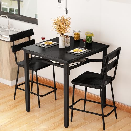 Hooseng 3 Piece Bar Table and Chairs Set, Counter Height Small Dining Table with 2 Bar Stools, Farmhouse Square Kitchen Table with Storage for Bistro, Pub, Small Space - color: Black