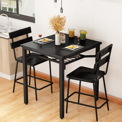 Hooseng 3 Piece Bar Table and Chairs Set, Counter Height Small Dining Table with 2 Bar Stools, Farmhouse Square Kitchen Table with Storage for Bistro, Pub, Small Space - color: Black