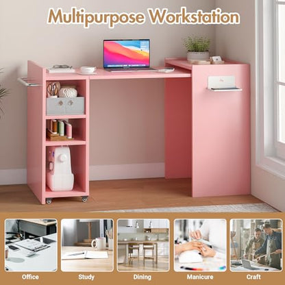 smilesun Folding Dining Table, Wall Mount Foldable Kitchen Table w/Fabric Drawer & Adjustable Storage Shelf, Space Saving Compact Expandable Pull Out Table for Small Spaces, Pink - color: Pink