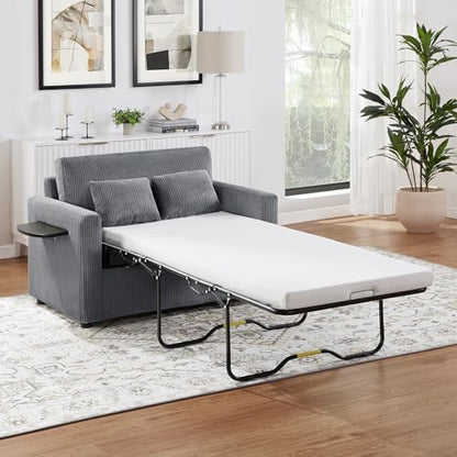 Twin Sofa Bed 47.2" Sleeper Loveseat with Foldable Mattress, Gray | Space-saving guest room furniture, pull-out sleeping solution, compact footprint, convenient charging, lounge-to-bed design - color: Grey