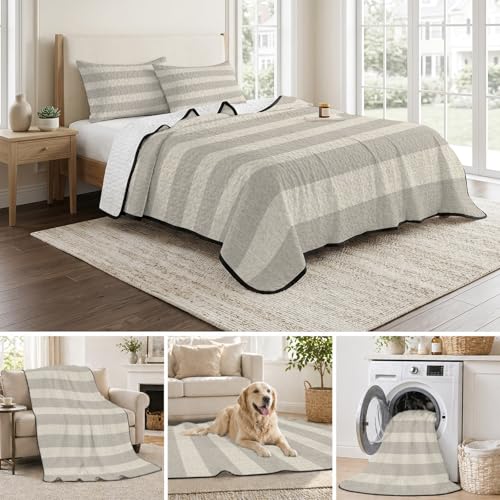 Minimalist Taupe Stripes Full Quilt Bedding Set,Summer Quilt Lightweight Quilted Coverlet with 2 Pillow Shams, Farmhouse Linen Texture 3-Piece Bedspread Quilt Set for All Season - size: Full-78x90in