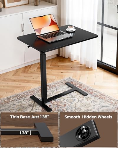 Overbed Bedside Table with Hidden Casters, Adjustable Pneumatic Mobile Laptop Computer Standing Desk, Rolling Laptop Table, Movable Overbed Table Hospital Home Use, Black - color: Black, style: Non-Tiltable