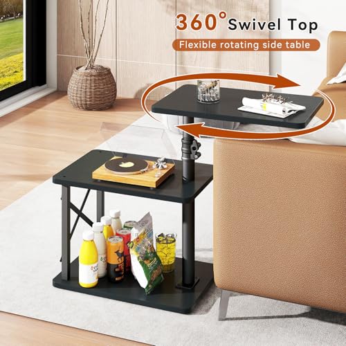 IBUYKE 360° Swivel Height Adjustable C Shaped Side Table,Black UTVT006B | Tv Tray Table,End Table for Small Spaces Sofa Bed,With Storage Shelf,3-Tier Night Stand,For Living Room,Bedroom - color: Black