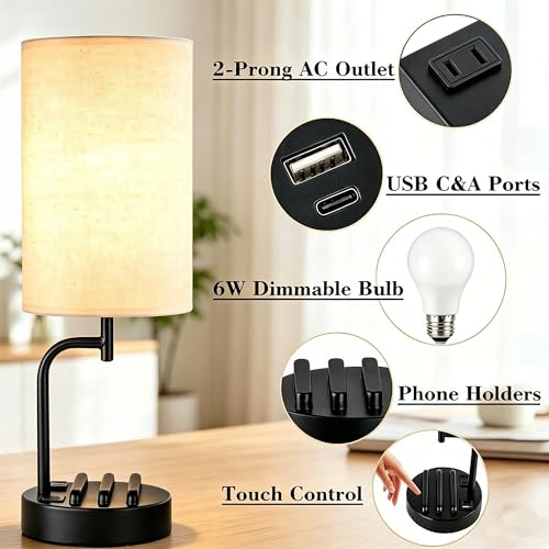 Dreamholder Touch Control USB Table Lamp with USB C/A & AC Outlet, 3-Way Dimmable Bedside Lamp, Modern Nightstand Lamps for Bedroom Living Room Guest Room Office, Bulb Included, Black - color: Black