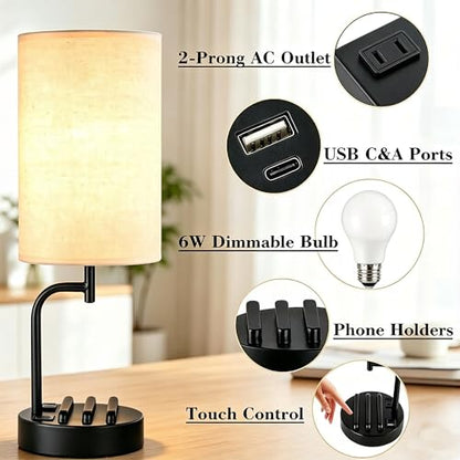 Dreamholder Touch Control USB Table Lamp with USB C/A & AC Outlet, 3-Way Dimmable Bedside Lamp, Modern Nightstand Lamps for Bedroom Living Room Guest Room Office, Bulb Included, Black - color: Black
