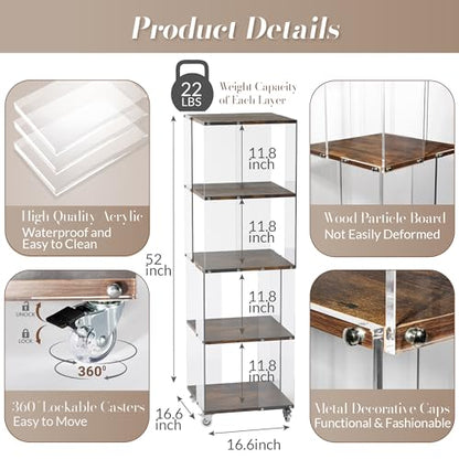 Acrylic Display Shelf with Wheel,4 Tier Bookshelf Storage Rack,Wood Shelves | Clear Acrylic Panels And Wood Shelves Create An Elegant Display Space For Books, Collectibles, Plants And Home Decor. - size: 4-Tier