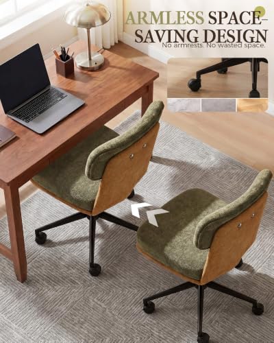 COMHOMA Home Office Desk Chairs with Ergonomic Curved Backrest, Mid Century Modern Vanity Chair with Wheel for Bedroom, Chenille Upholstered, Green - color: Green, Chenille
