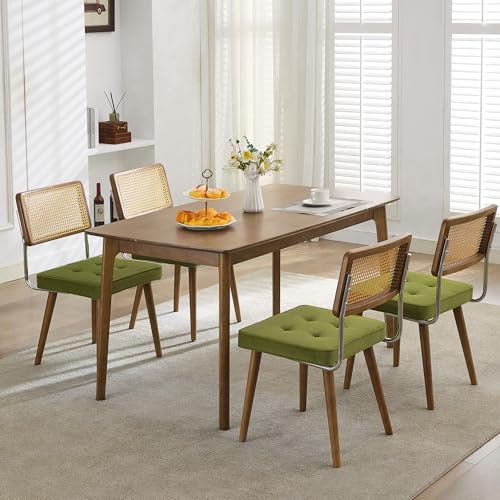 GarveeHome Natural Rattan Dining Chairs Set of 2, Velvet Upholstered Kitchen Chairs with Tall Cane Backrest and Strong Wood Legs for Dining Room, Kitchen, Restaurant, Green - color: Green, size: 2 PCS