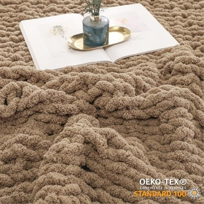 WESHIONGOO Chunky Knit Blanket Throw for Couch Bed 51"×63" Brown | 100% Handmade Knitted Throw blanket Fluffy Soft Blanket With Jumbo Chenille Yarn Thick - color: Brown, size: 51"x63"(Large Size Throw)