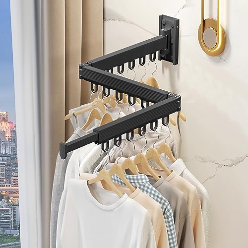 Wall Mounted Foldable Clothes Drying Rack, Heavy Duty 3-Fold Laundry Airer with Ring Hook Design, Space Saving Aluminum Rack for Balcony Bathroom Laundry Room,Black Rings - style: Black-Rings