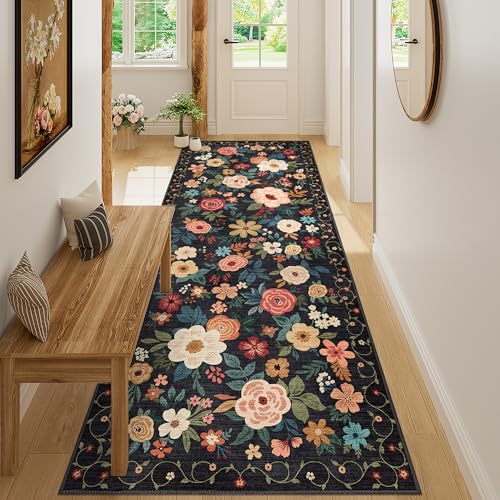 DUKINO 3x8 Kitchen Runner Rug, Washable Rug for Hallway Non Slip, Black | Soft, Low Pile, Floral Indoor Carpet Runner for Hallway, Entryway, Bedroom, Bathroom, Laundry, Pet Friendly, Home Decor - color: Black, size: 3' x 8' (Rectangular)