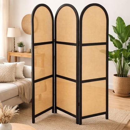 ELK & ELDER 3-Panel Room Divider | Folding Privacy Screen with Arched Dark Wood Frames and Light Woven Panels | Portable Divider for Home,Office, Living Room, Bedroom | 66" H x 56" W |Dark Wood/Beige