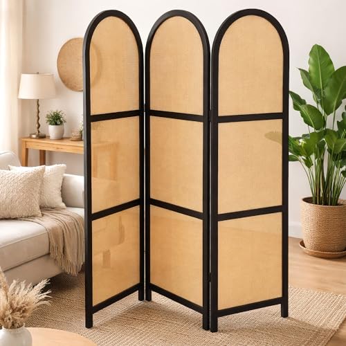 ELK & ELDER 3-Panel Room Divider | Folding Privacy Screen with Arched Dark Wood Frames and Light Woven Panels | Portable Divider for Home,Office, Living Room, Bedroom | 66" H x 56" W |Dark Wood/Beige