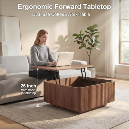 31.5"Walnut Lift Top Coffee Table with Storage for Living Room, LED Lights | Fluted Square Coffee Table,Charging Station, Large Hidden Storage,Mid Century Modern Design, Heavy-Duty Hydraulic Gas Spring